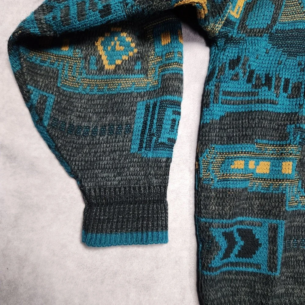 Saturdays Mens Vintage Teal Black Gold Geometric Pattern Knit Sweater size Large